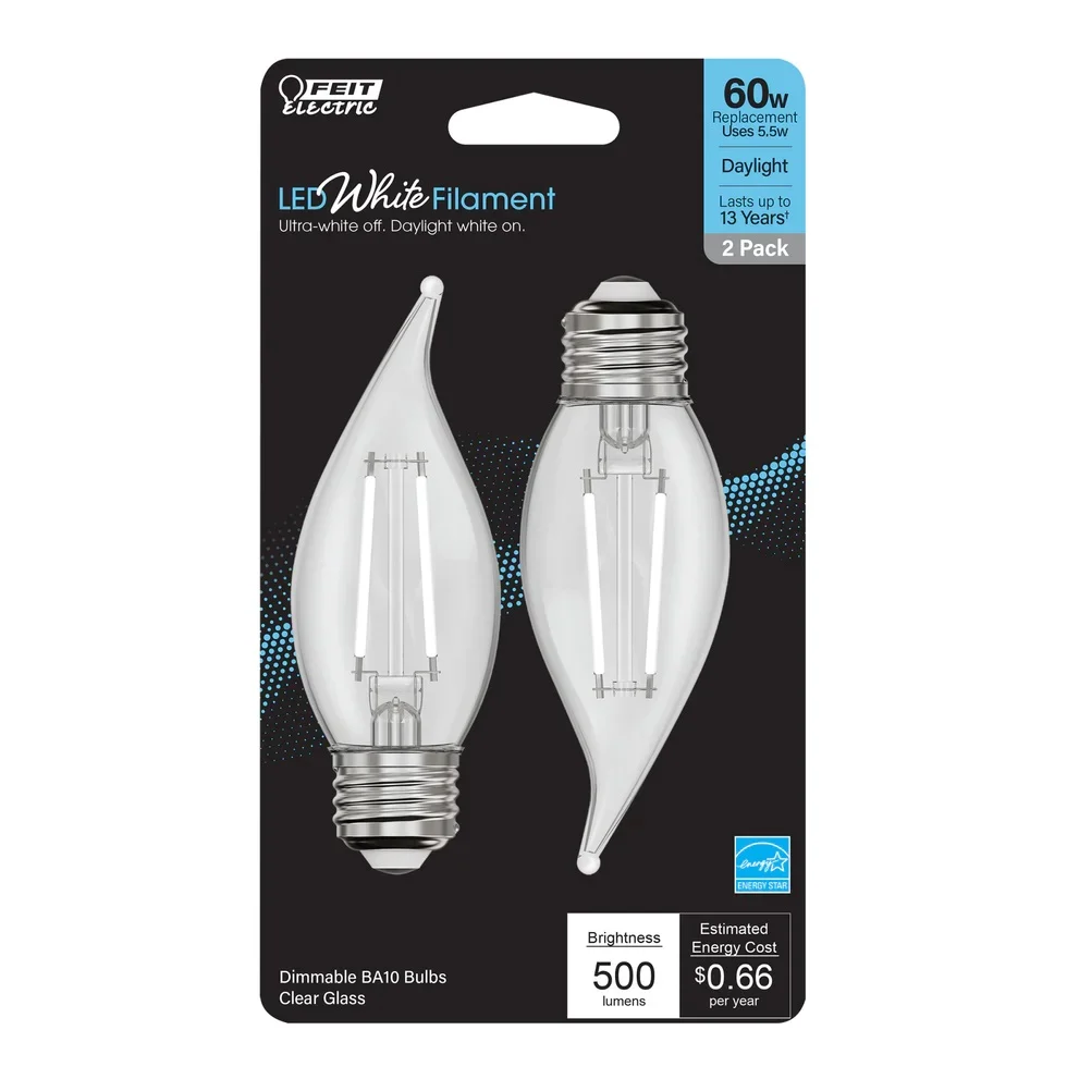 2-Pack 60W LED White Filament Flame Tip Light Bulbs BPEFC609 - Image 2