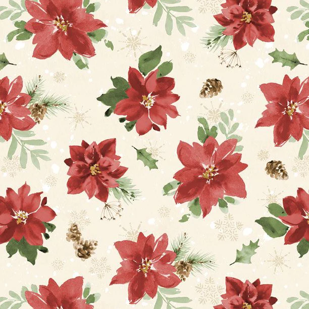 Cardinal Celebration Collection Tossed Poinsettias Cotton Fabric 37756