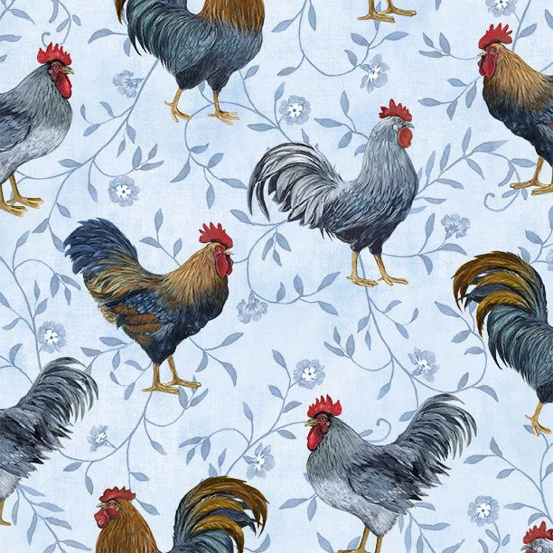 Country Blue Collection Roosters All Over Cotton Fabric 39901 - Image 2
