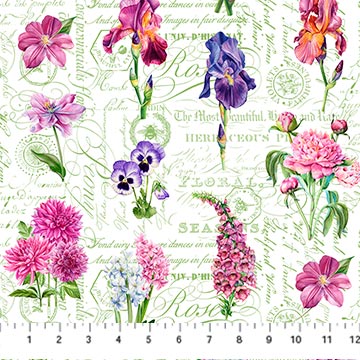 Deborah's Garden Collection Flowers on Text Cotton Fabric DP25592