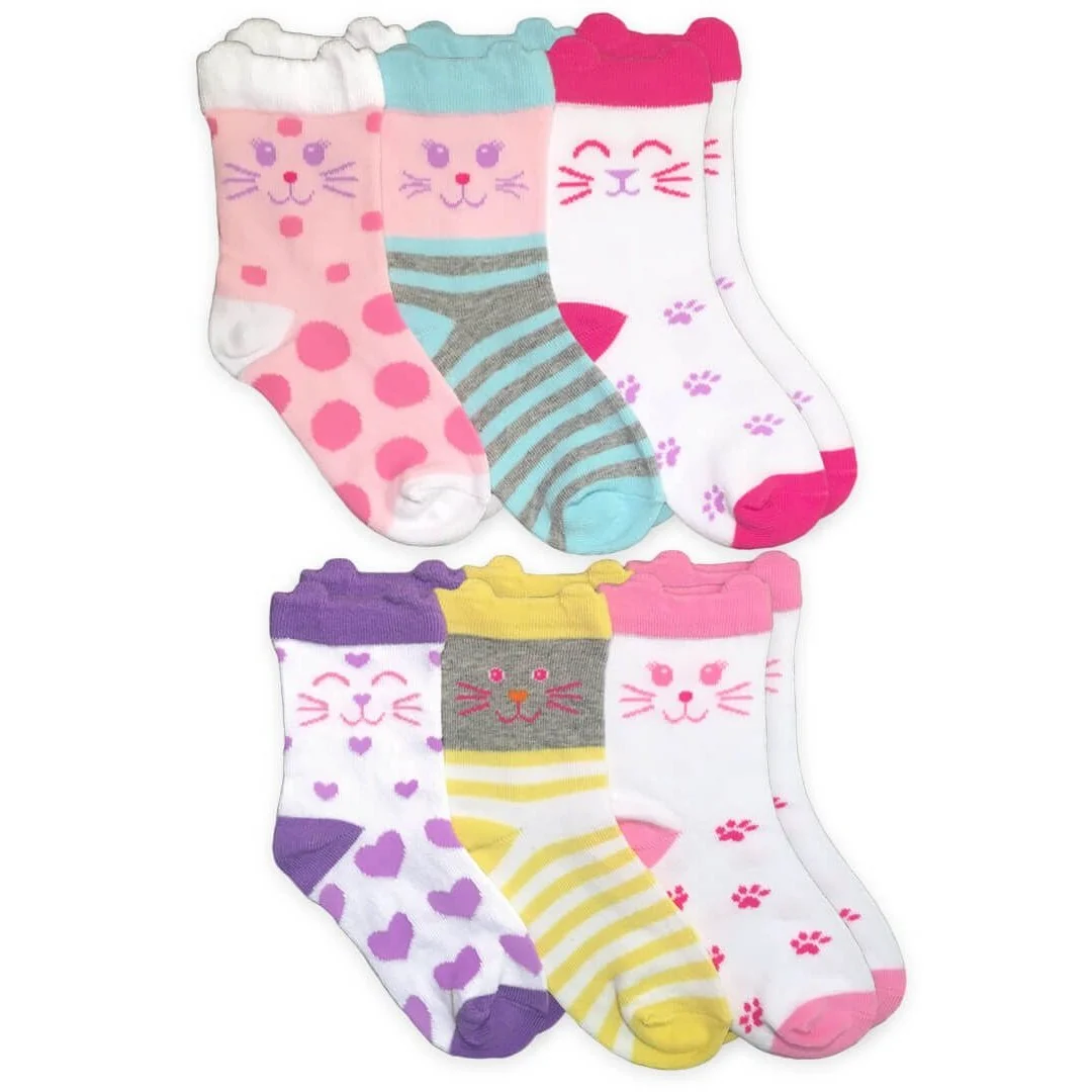 Girls Cat Face Crew Socks 6 Pack - Image 4