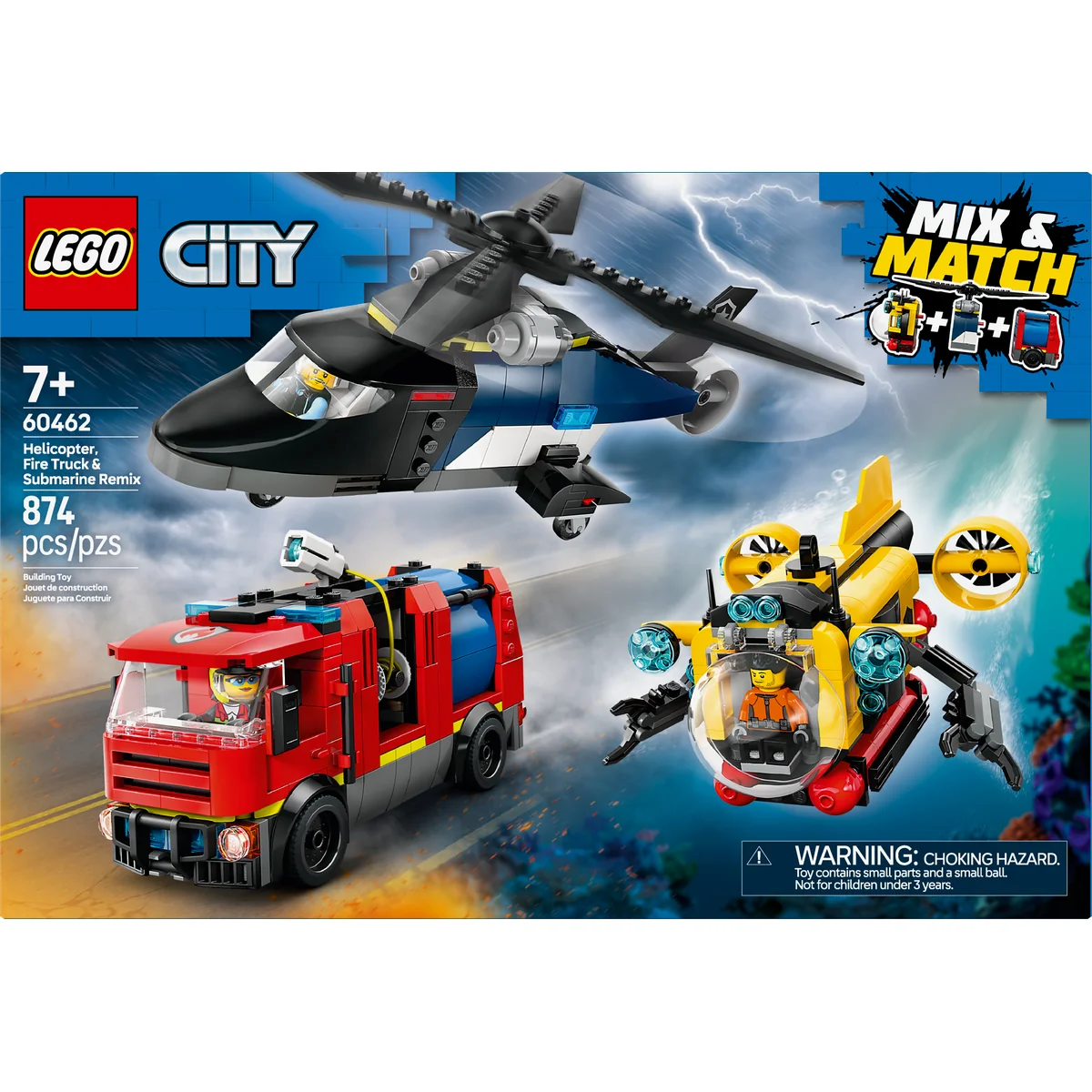 LEGO City Helicopter, Fire Truck & Submarine Remix Toy Building Set 60462