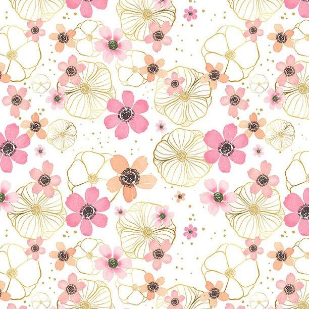 Peony Blossom Collection Flowers & Gold Cotton Fabric 34714