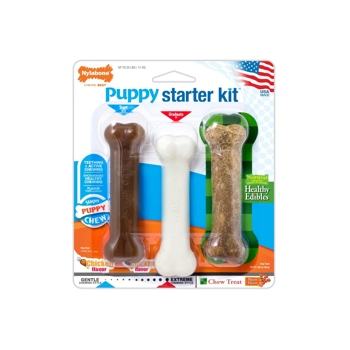 Puppy Chew Dog Toy Starter Kit Chicken & Bacon Flavor 3 Pack