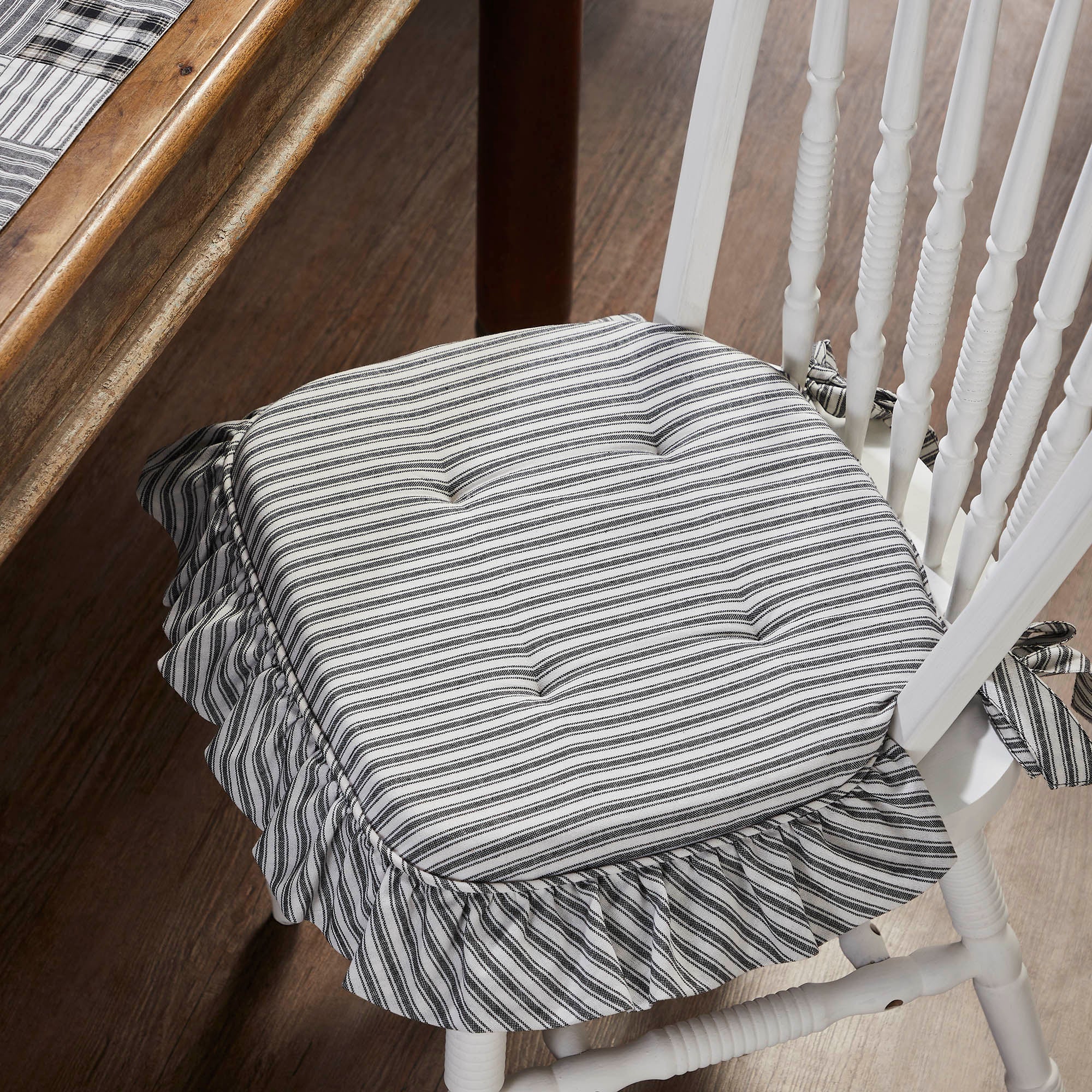 Sawyer Mill Black Ticking Stripe Ruffled Chair Pad 84803