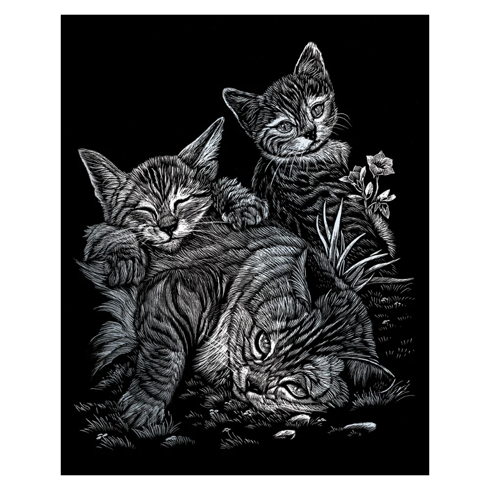 Silver Engraving Tabby Cat & Kittens SILF-13