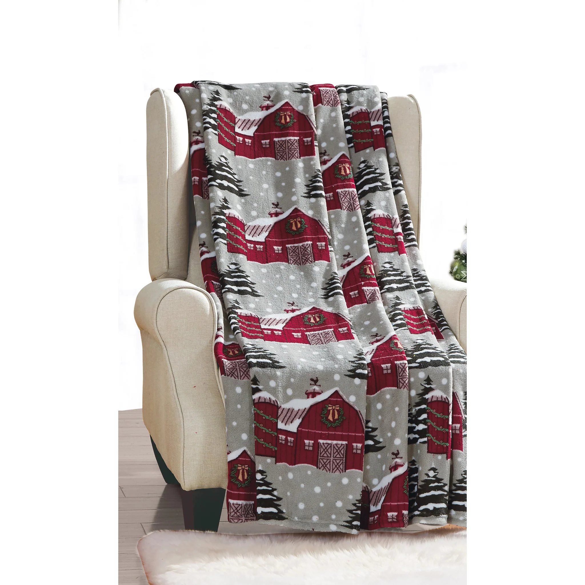 Snowy Barn Plush Throw Blanket